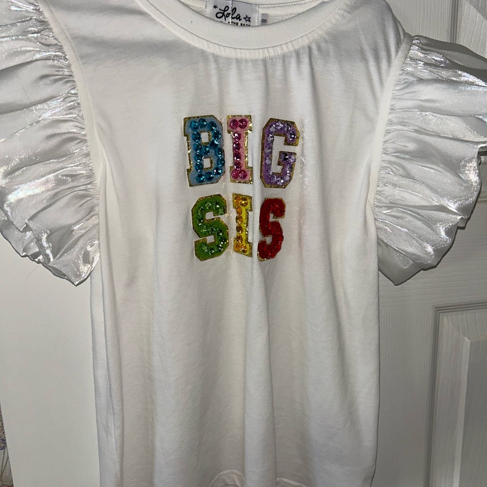 Lola + The Boys White Tee with Rainbow Sequin "BIG SIS" and Shiny Ruffle Sleeves